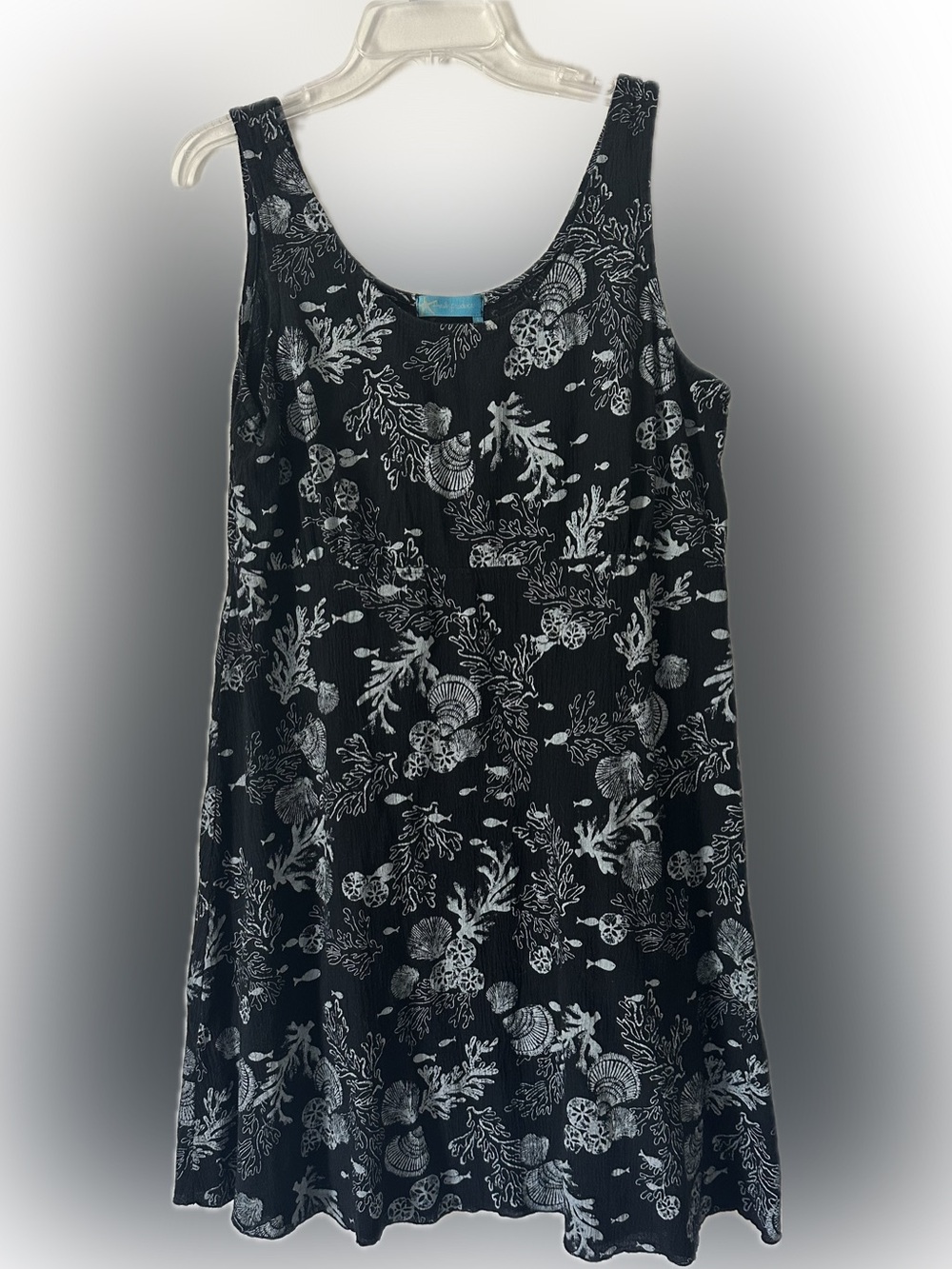 Fresh Produce black dress with white ocean print (shells/coral/etc) - size L